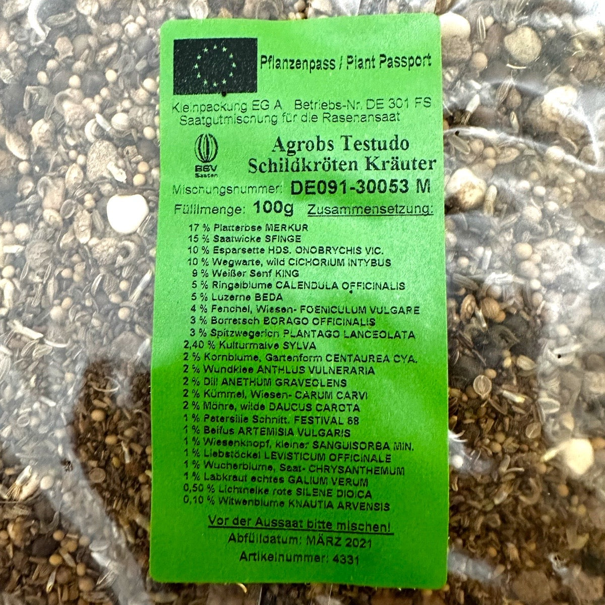 Agrobs Testudo Saatgut 100 g - Rückseite Etikett