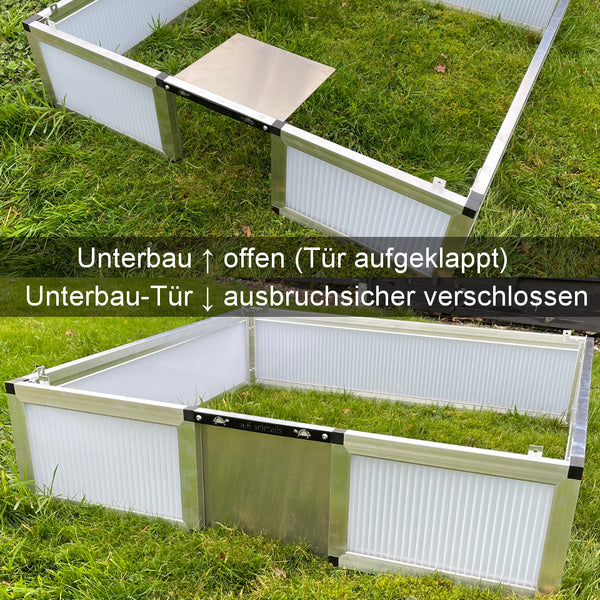 Frühbeet-Unterbau Tür aufgeklappt oder ausbruchsicher verschlossen