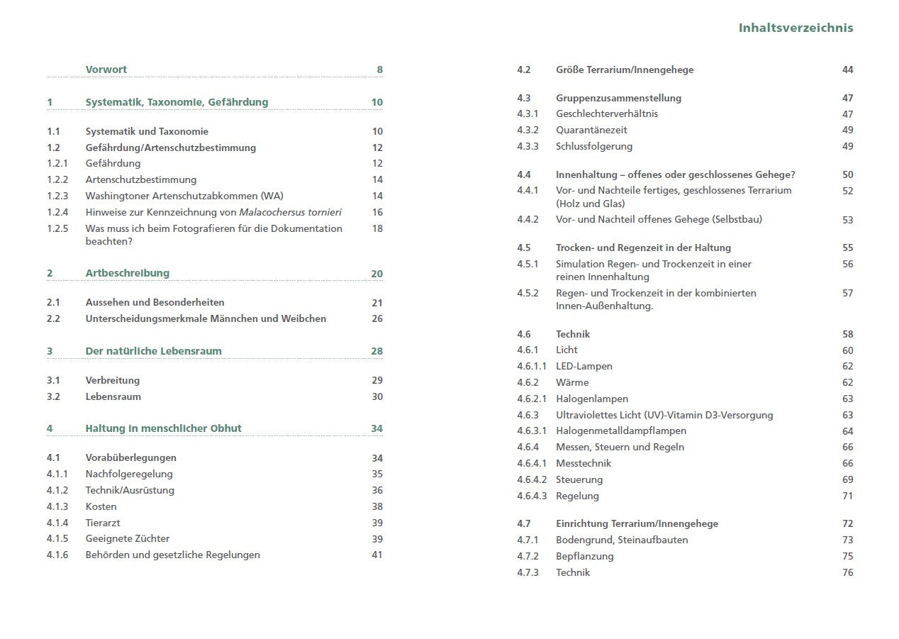 Buch Spaltenschildkröten Malacochersus tornieri - Inhaltsverzeichnis
