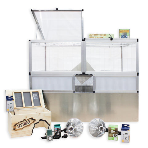 Frühbeet-Set XL für Schildkröten, 150x103 cm mit automatischem Deckelheber und Zubehör.