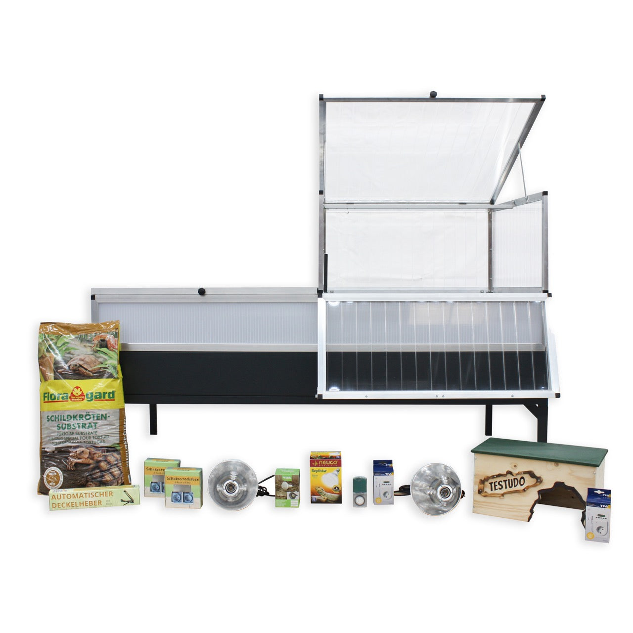 Hochbeet-Set L 206x103 cm mit Frühbeet und Zubehör für Landschildkröten.