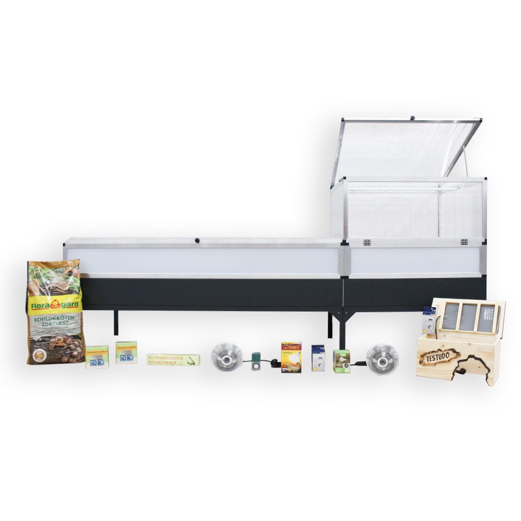 Hochbeet-Set XL 309 x 103 cm für Schildkröten mit Frühbeet und Zubehör im Set