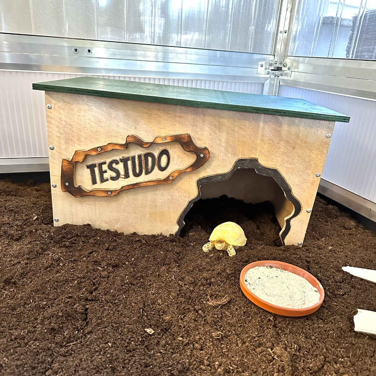 Schutzhütte aus Holz für Schildkröten im Frühbeet