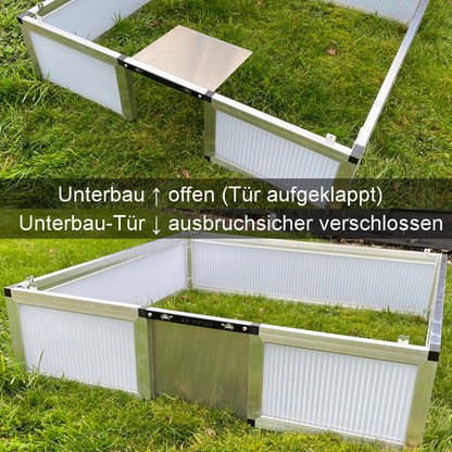 Frühbeet-Unterbau Tür aufgeklappt oder ausbruchsicher verschlossen
